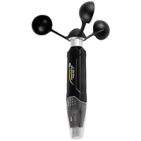 Ein schwarzes Anemometer mit USB-Anschluss, das die Windgeschwindigkeit misst. Drei drehbare Schalen sind oben angebracht.